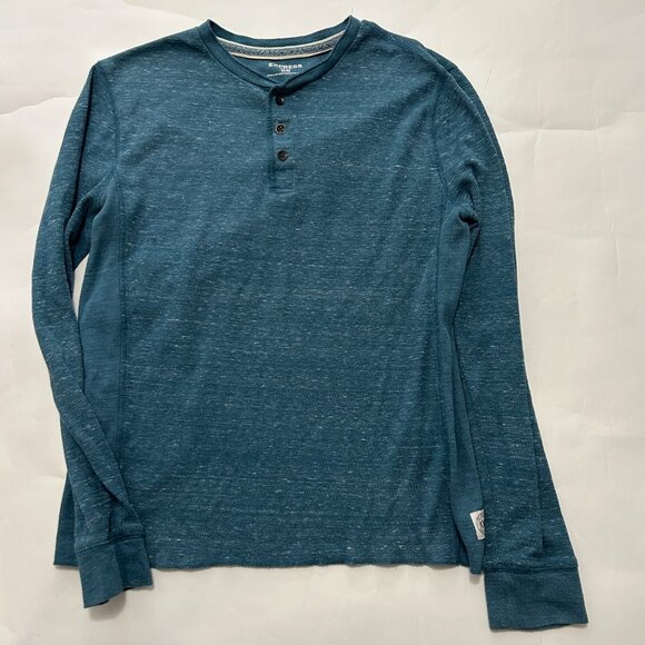 Lot of 2 Express Waffle Henley Shirt Mens sz M Gray & Teal Heathered Thermal Top - Picture 2 of 16